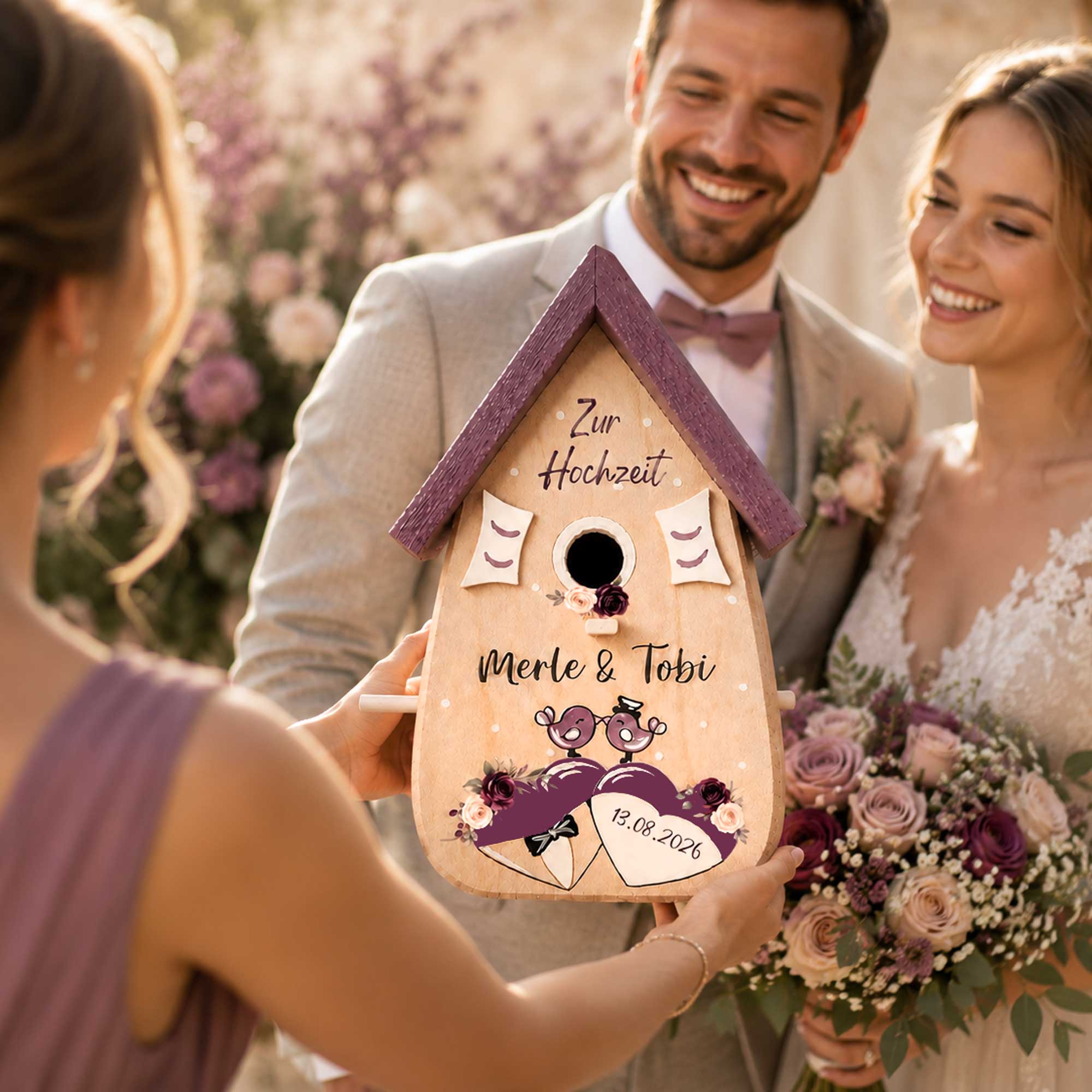 Personalisiertes Hochzeitsgeschenk Vogelhaus Burgunder Farben Namen vom Brautpaar Hochzeitsdatum Gastgeschenk Boho Hochzeit Pflaume Flieder lila violet