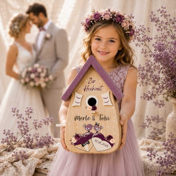 Personalisiertes Hochzeitsgeschenk Vogelhaus Burgunder Farben Namen vom Brautpaar Hochzeitsdatum Gastgeschenk Boho Hochzeit Pflaume Flieder lila violet