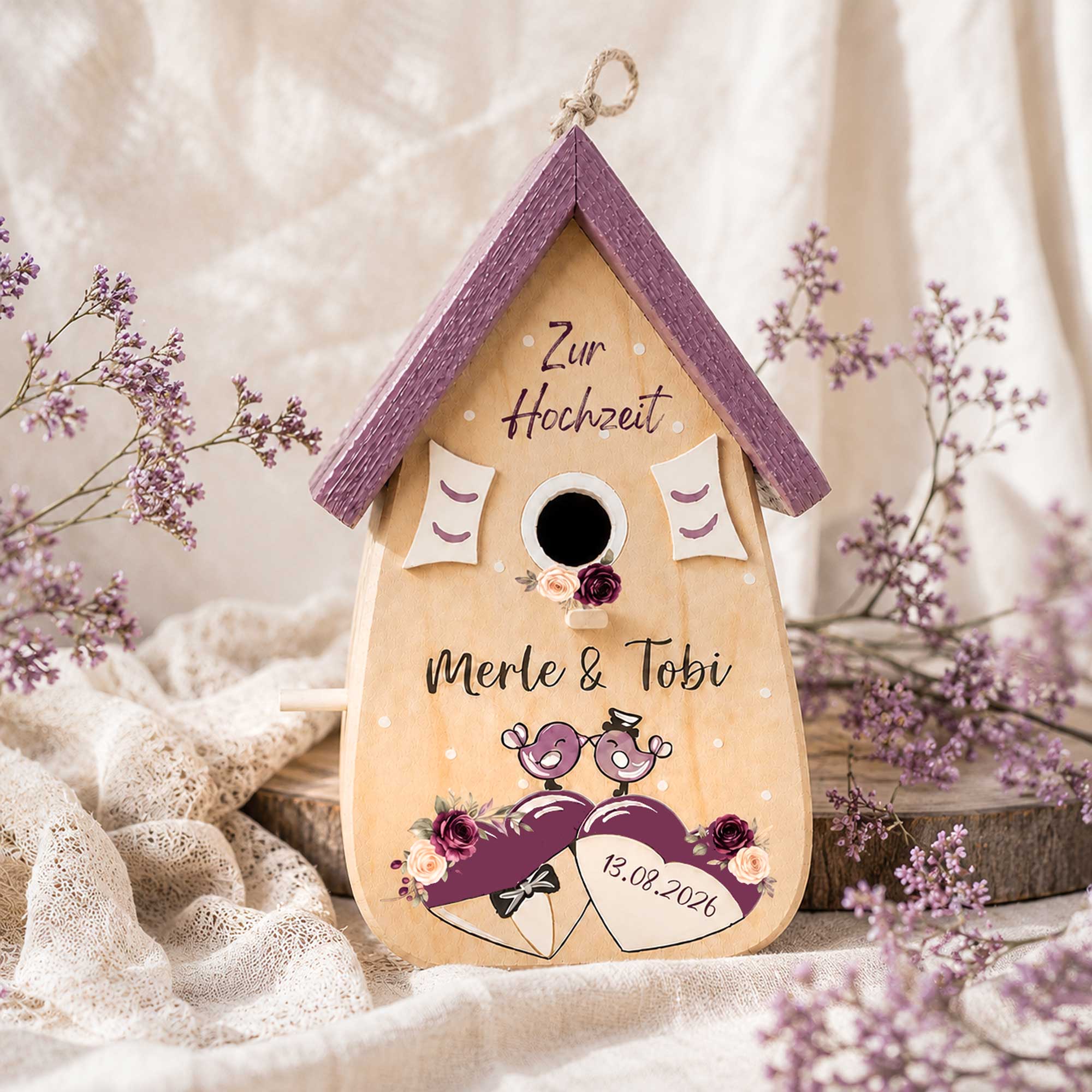 Personalisiertes Hochzeitsgeschenk Vogelhaus Burgunder Farben Namen vom Brautpaar Hochzeitsdatum Gastgeschenk Boho Hochzeit Pflaume Flieder lila violet