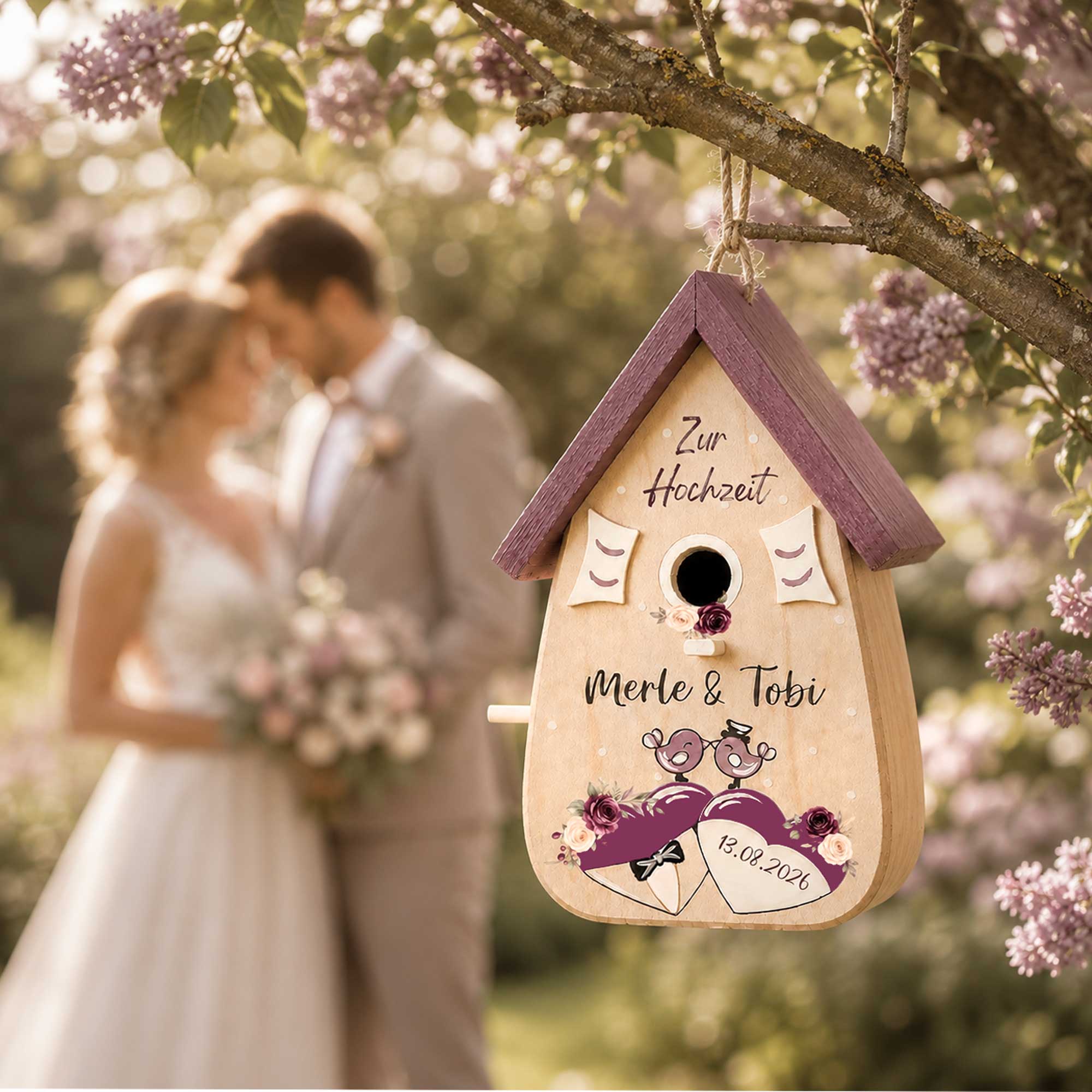 Personalisiertes Hochzeitsgeschenk Vogelhaus Burgunder Farben Namen vom Brautpaar Hochzeitsdatum Gastgeschenk Boho Hochzeit Pflaume Flieder lila violett
