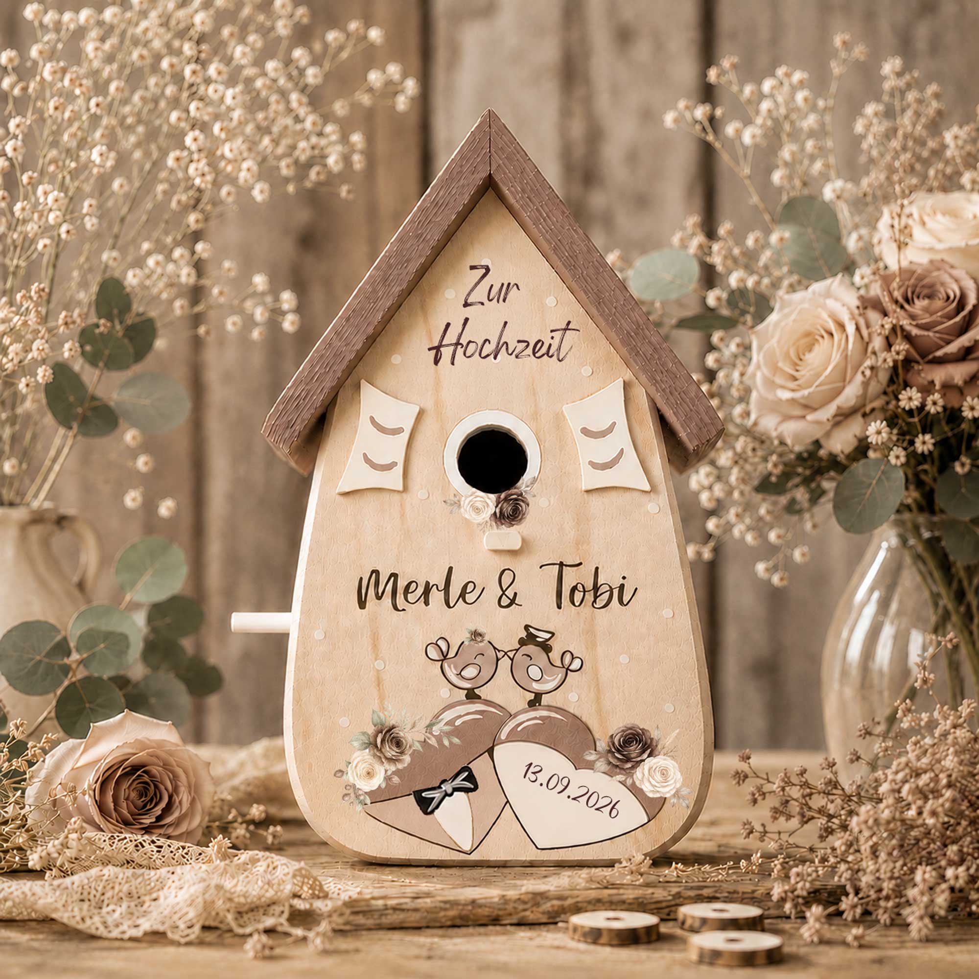 Personalisiertes Hochzeitsgeschenk Vogelhaus Burgunder Farben Namen vom Brautpaar Hochzeitsdatum Gastgeschenk Boho Hochzeit Mocca Mouse Brauntöne Erdfarben Deko