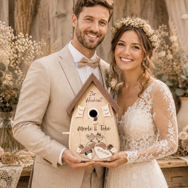Personalisiertes Hochzeitsgeschenk Vogelhaus Burgunder Farben Namen vom Brautpaar Hochzeitsdatum Gastgeschenk Boho Hochzeit Mocca Mouse Brauntöne Erdfarben Deko