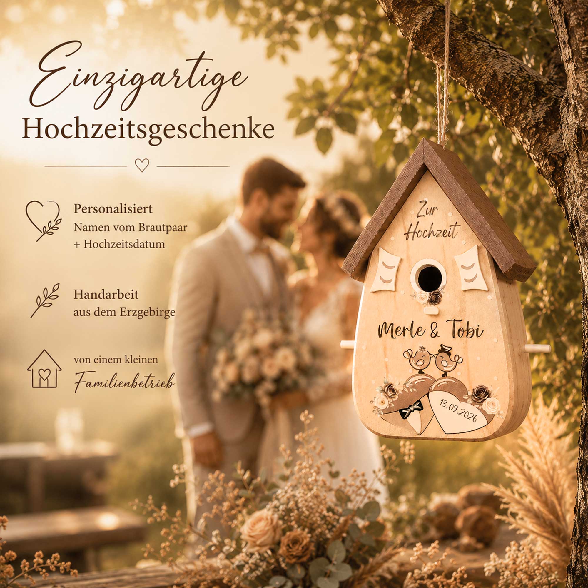 Personalisiertes Hochzeitsgeschenk Vogelhaus Burgunder Farben Namen vom Brautpaar Hochzeitsdatum Gastgeschenk Boho Hochzeit Mocca Mouse Brauntöne Erdfarben Deko