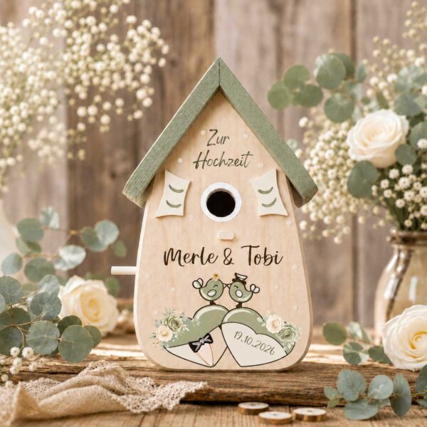 Personalisiertes Hochzeitsgeschenk Vogelhaus Burgunder Farben Namen vom Brautpaar Hochzeitsdatum Gastgeschenk Boho Hochzeit Salbei Grün