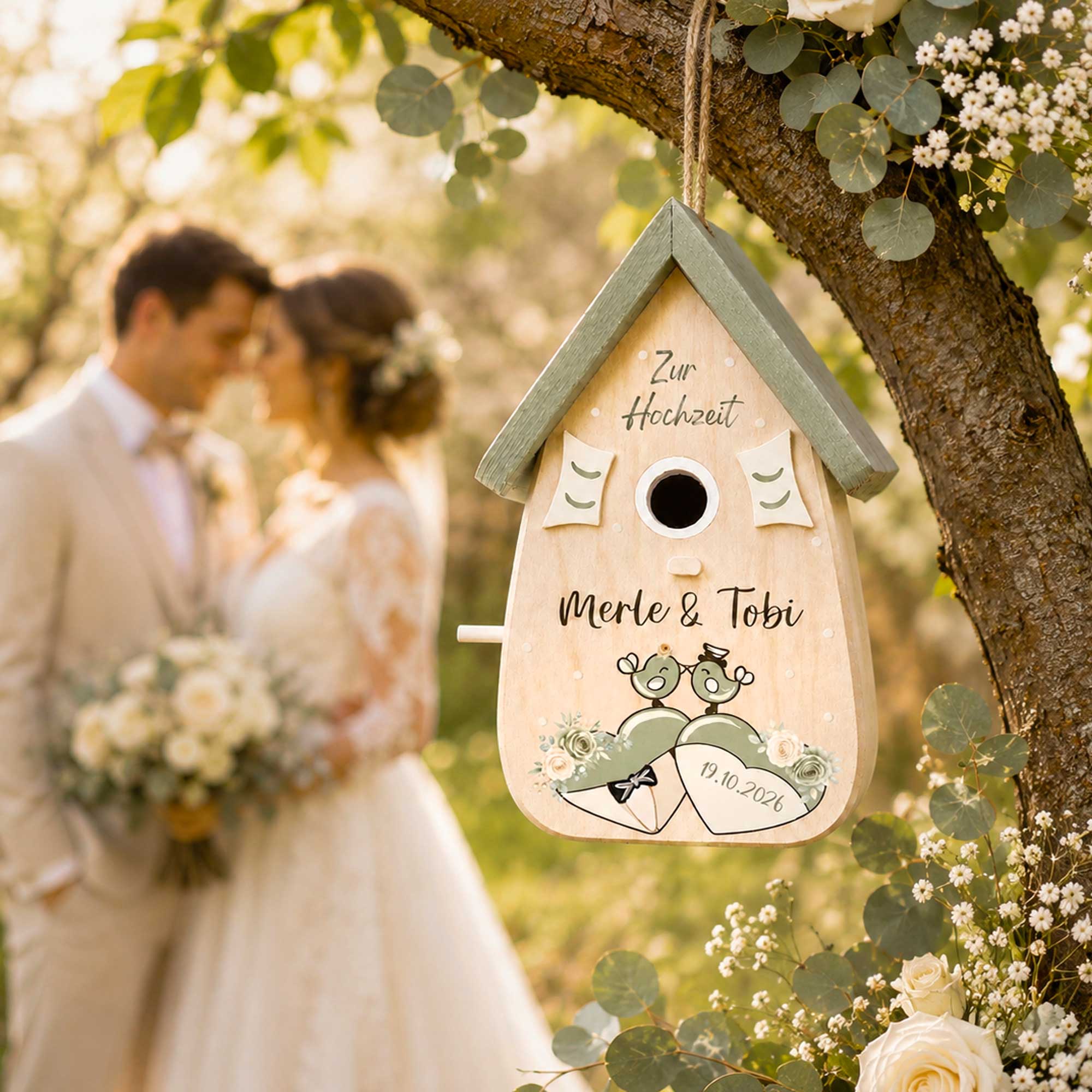 Personalisiertes Hochzeitsgeschenk Vogelhaus Burgunder Farben Namen vom Brautpaar Hochzeitsdatum Gastgeschenk Boho Hochzeit Salbei Grün