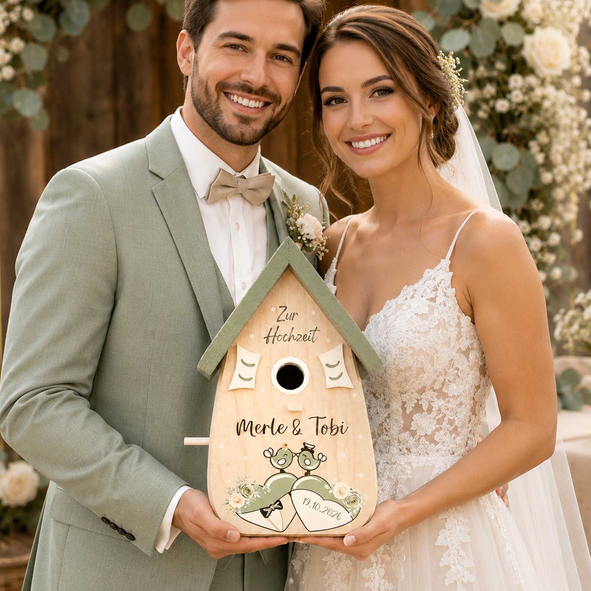 Personalisiertes Hochzeitsgeschenk Vogelhaus Burgunder Farben Namen vom Brautpaar Hochzeitsdatum Gastgeschenk Boho Hochzeit Salbei Grün