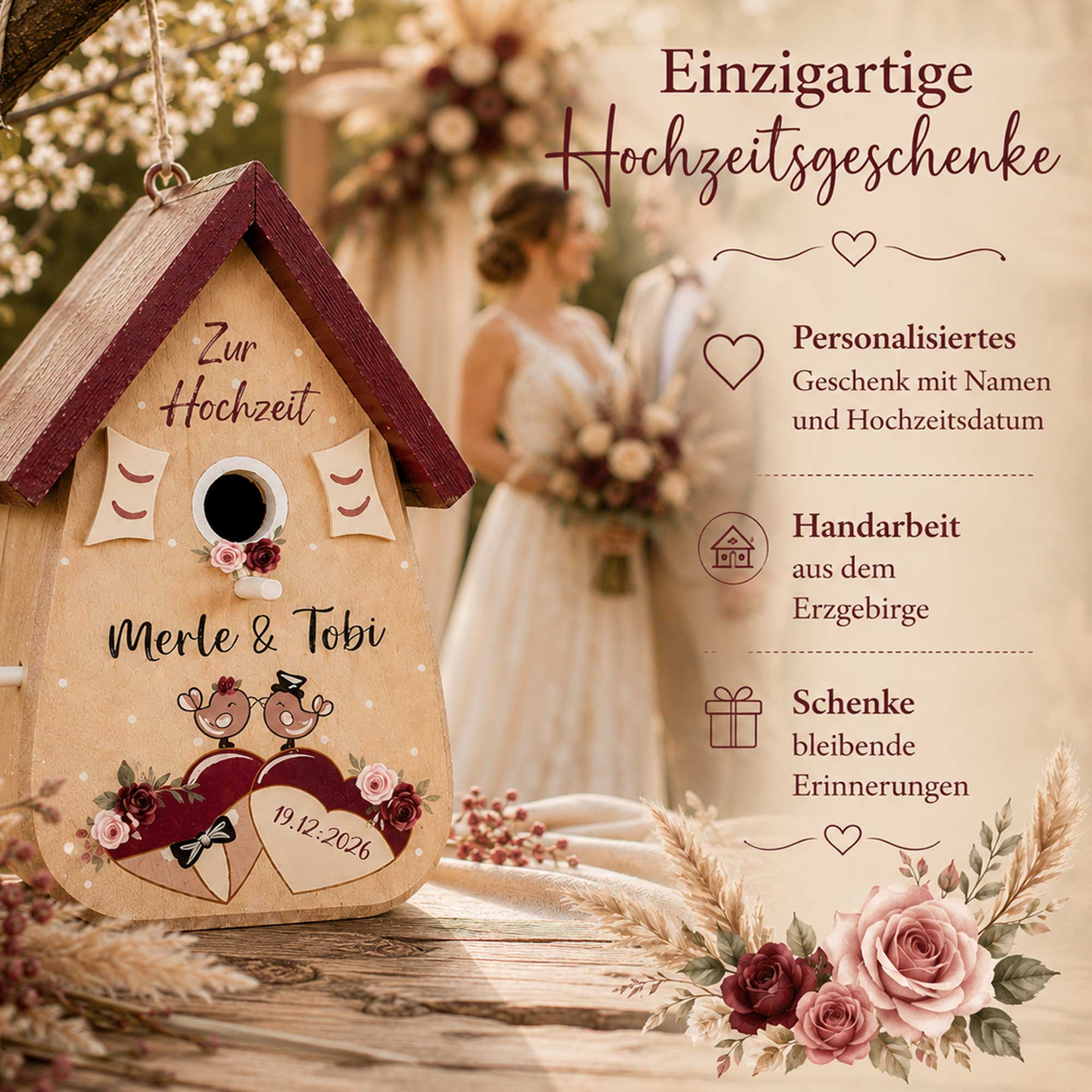 Personalisiertes Hochzeitsgeschenk Vogelhaus Burgunder Farben Namen vom Brautpaar Hochzeitsdatum Gastgeschenk Boho Hochzeit