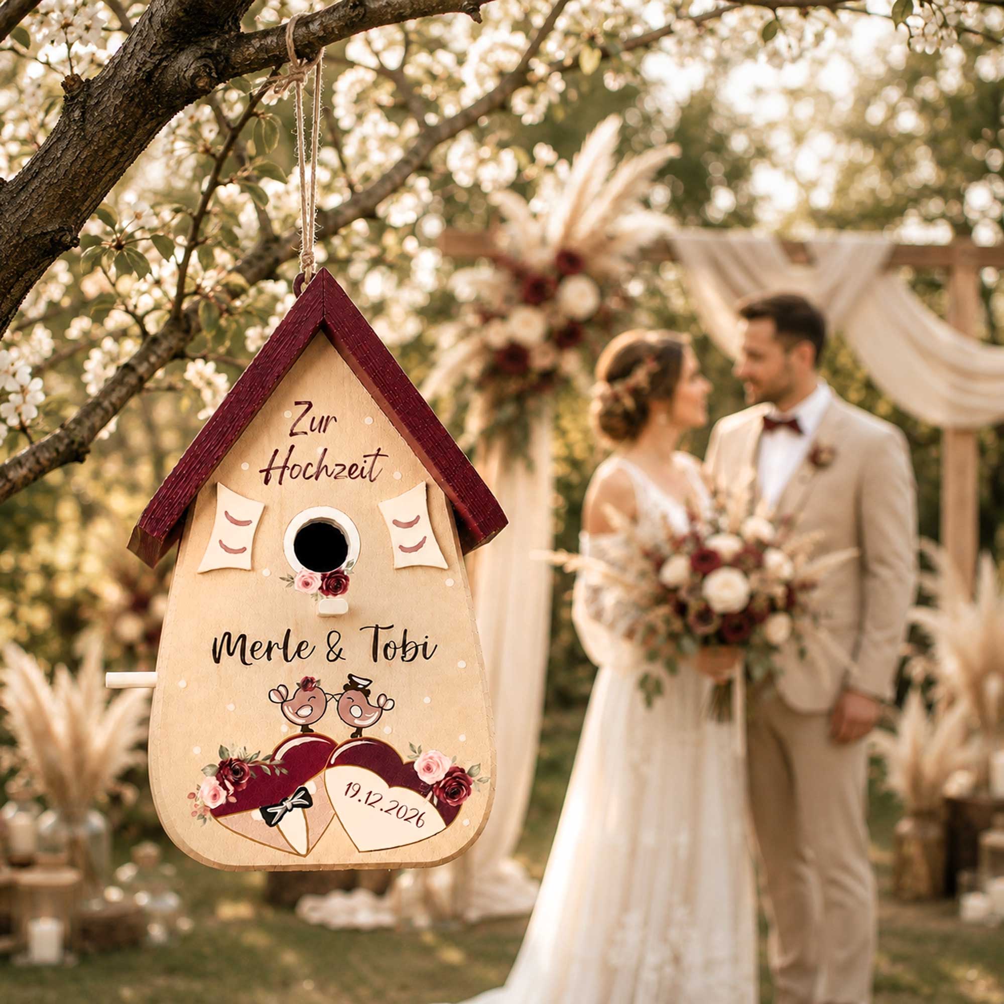 Personalisiertes Hochzeitsgeschenk Vogelhaus Burgunder Farben Namen vom Brautpaar Hochzeitsdatum Gastgeschenk Boho Hochzeit