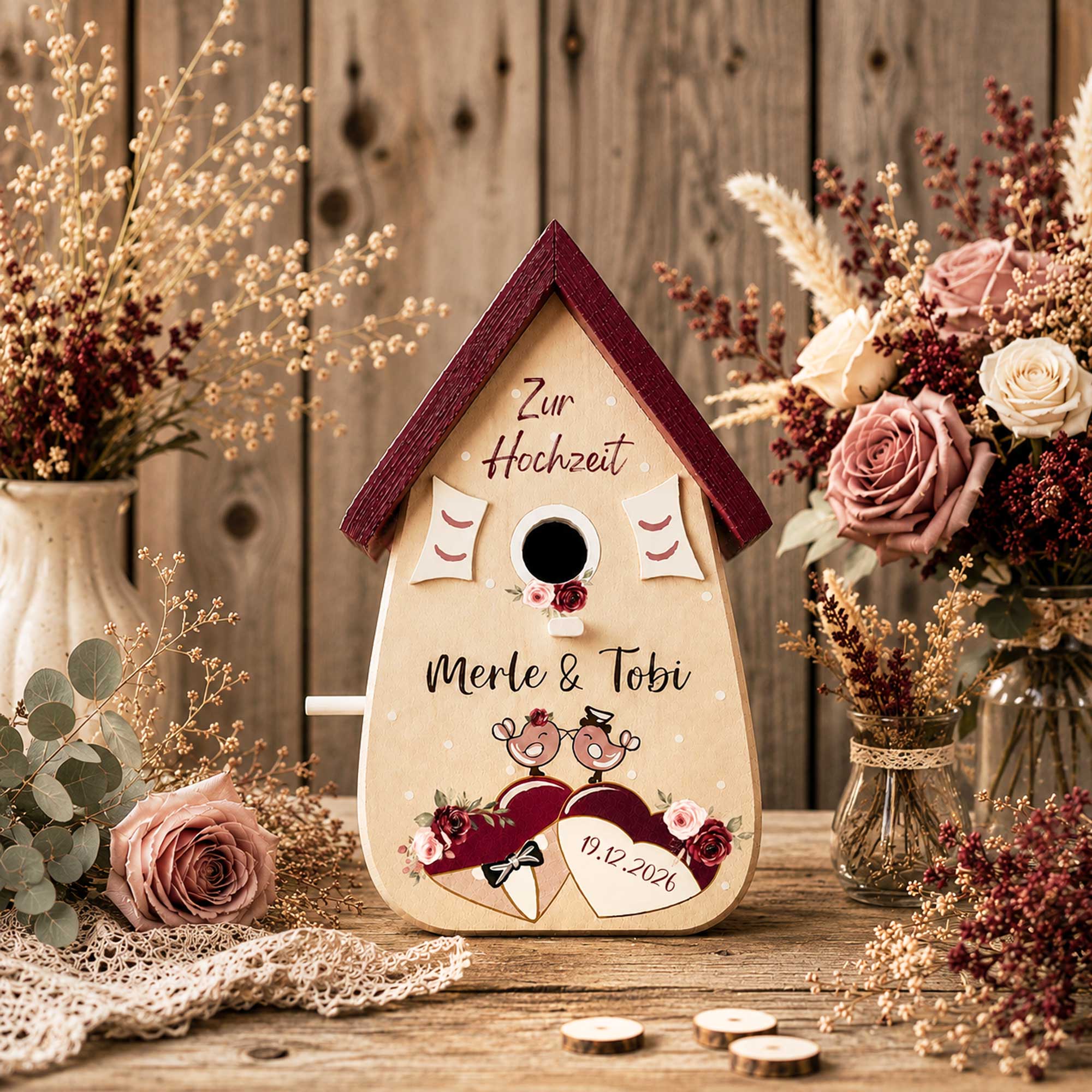 Personalisiertes Hochzeitsgeschenk Vogelhaus Burgunder Farben Namen vom Brautpaar Hochzeitsdatum Gastgeschenk Boho Hochzeit