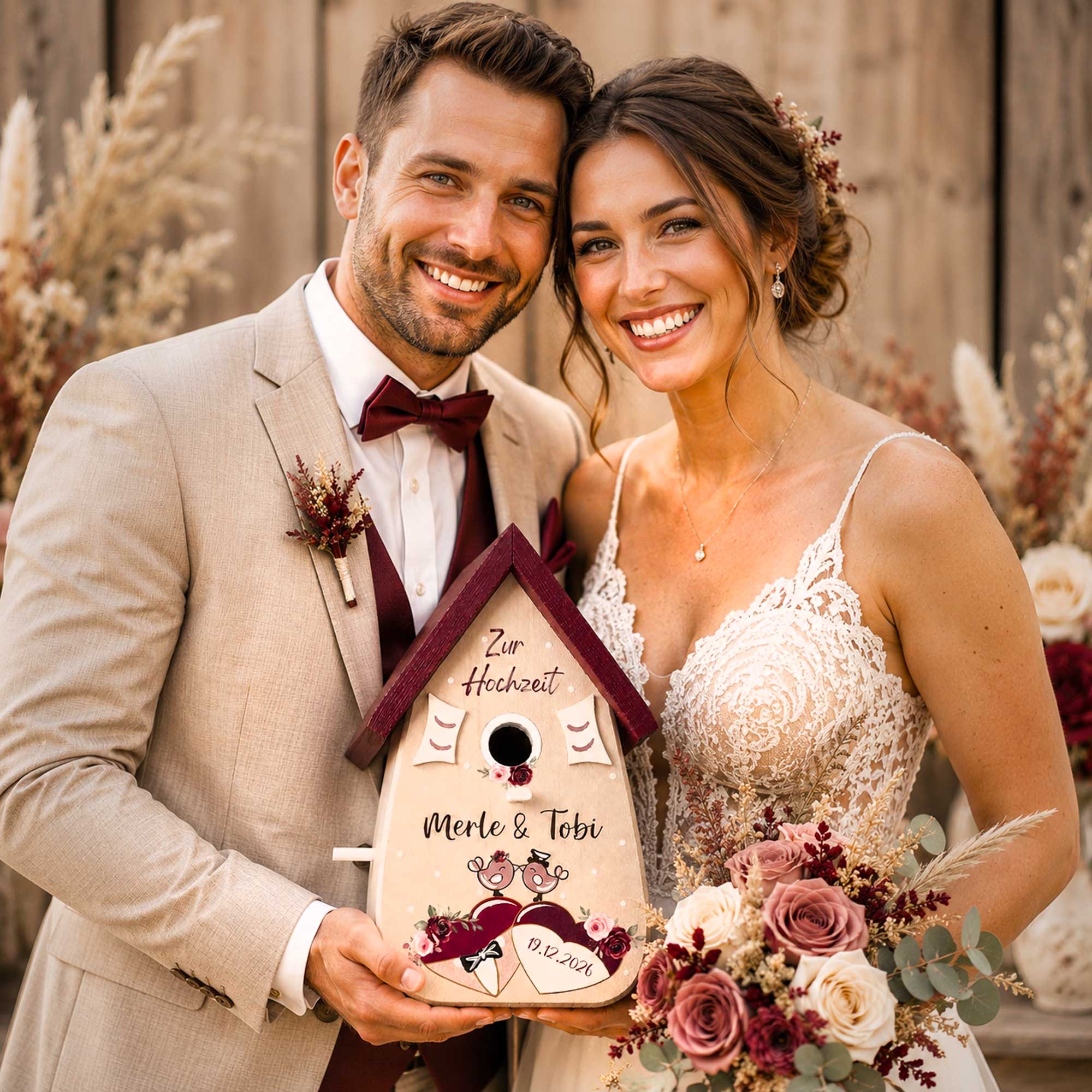 Personalisiertes Hochzeitsgeschenk Vogelhaus Burgunder Farben Namen vom Brautpaar Hochzeitsdatum Gastgeschenk Boho Hochzeit