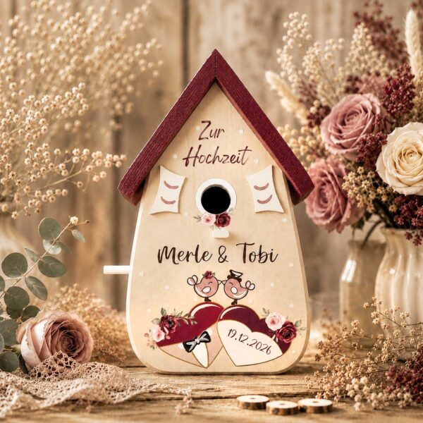 Personalisiertes Hochzeitsgeschenk Vogelhaus Burgunder Farben Namen vom Brautpaar Hochzeitsdatum Gastgeschenk Boho Hochzeit