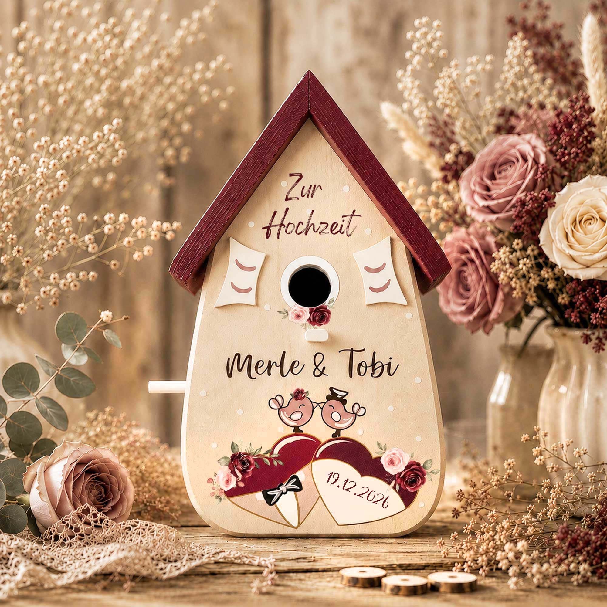 Personalisiertes Hochzeitsgeschenk Vogelhaus Burgunder Farben Namen vom Brautpaar Hochzeitsdatum Gastgeschenk Boho Hochzeit