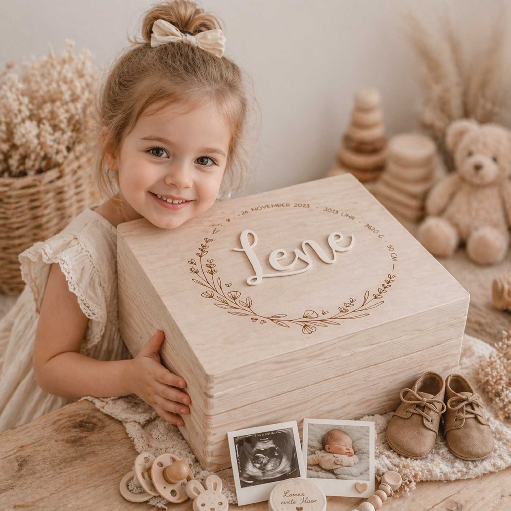 Erinnerungskiste Holz Holzkiste Geschenk zur geburt und Taufe personalisiert graviert mit Geburtsdaten
