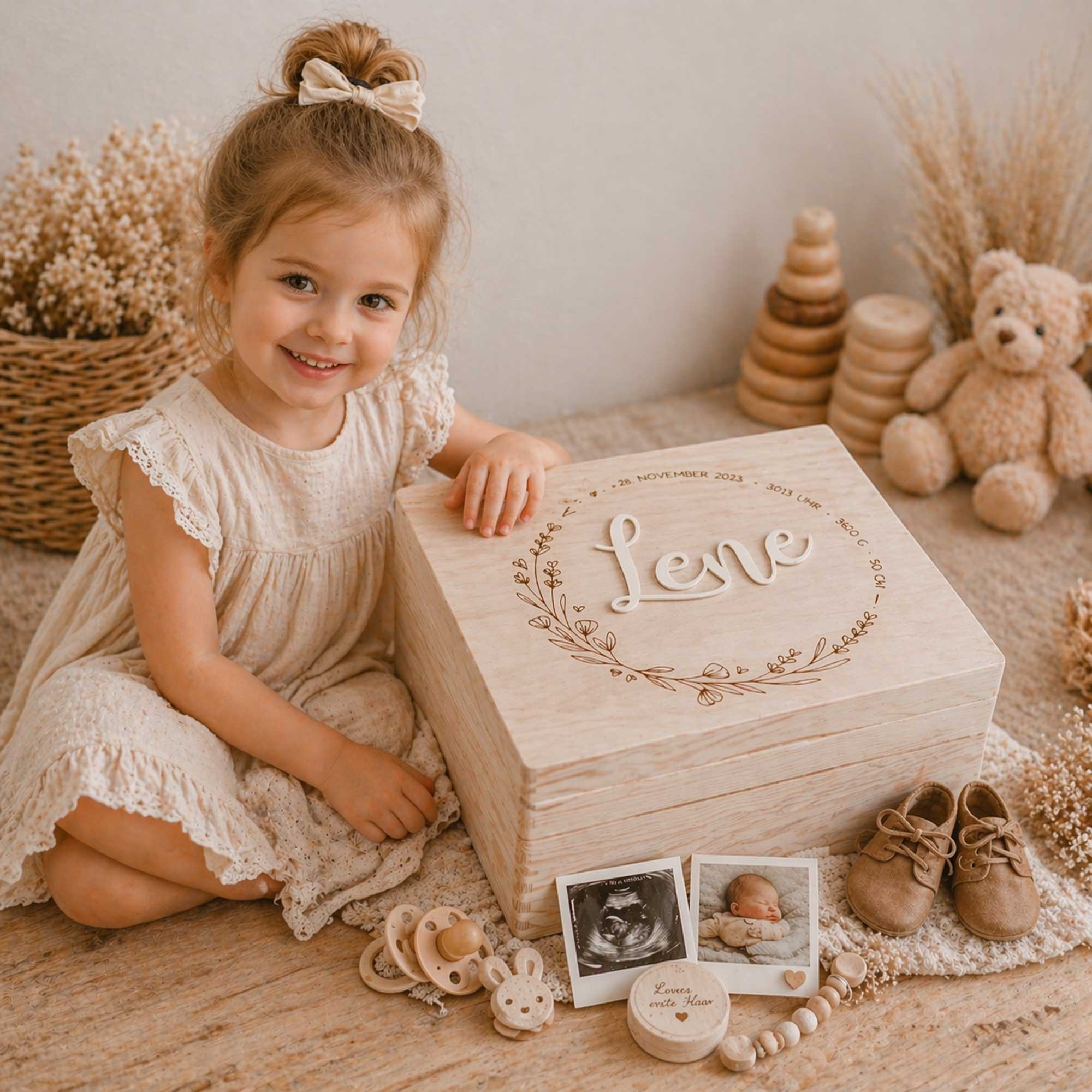 Erinnerungskiste Holzkiste fürs Baby das persönliches Geschenk zur Geburt mit Name personalisiert Gelasert Graviert – Bild 4