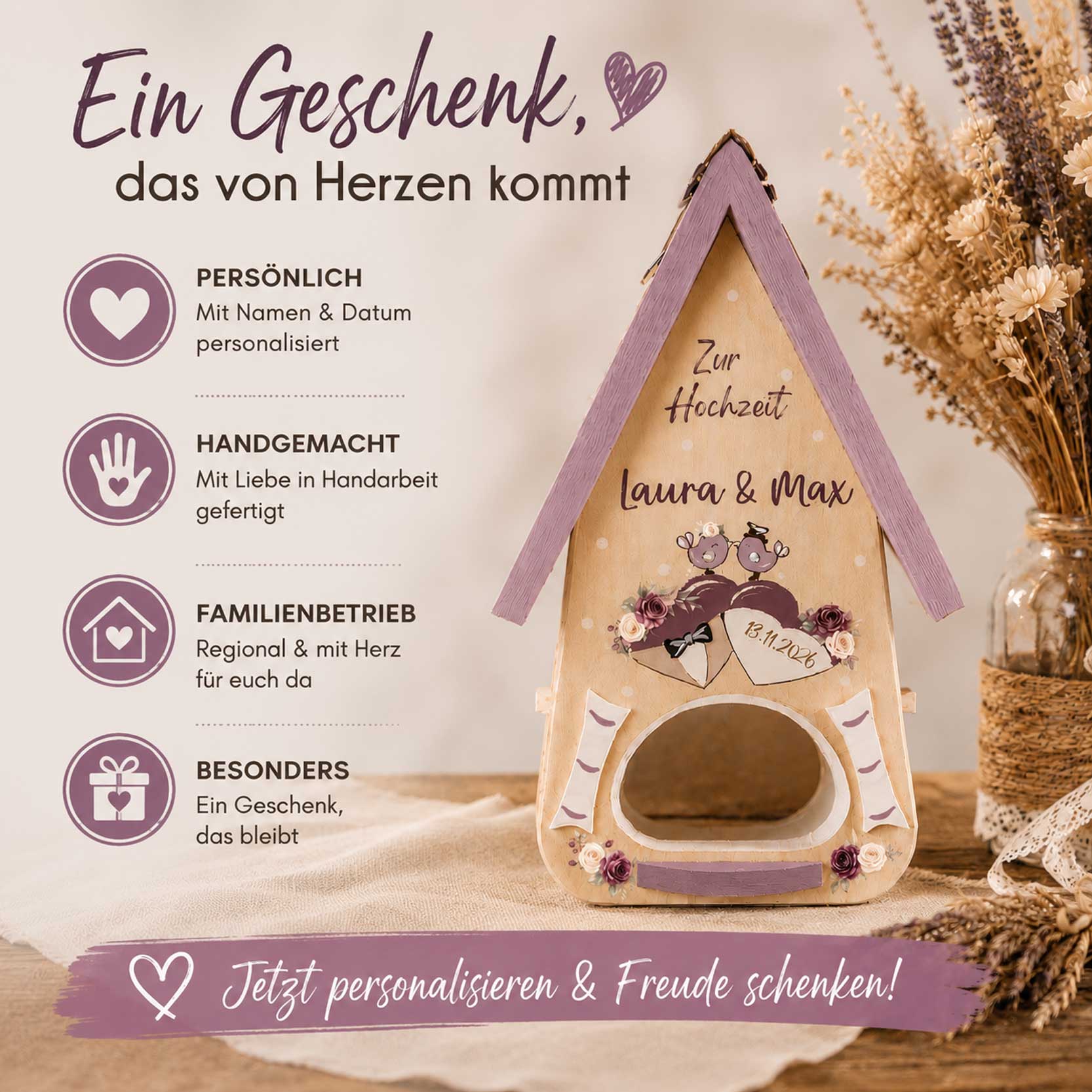 Persönliches Hochzeitsgeschenk Trauzeugin Personalisiertes Geschenk kreativ und persönlich Mocca Flieder Burgund Salbei