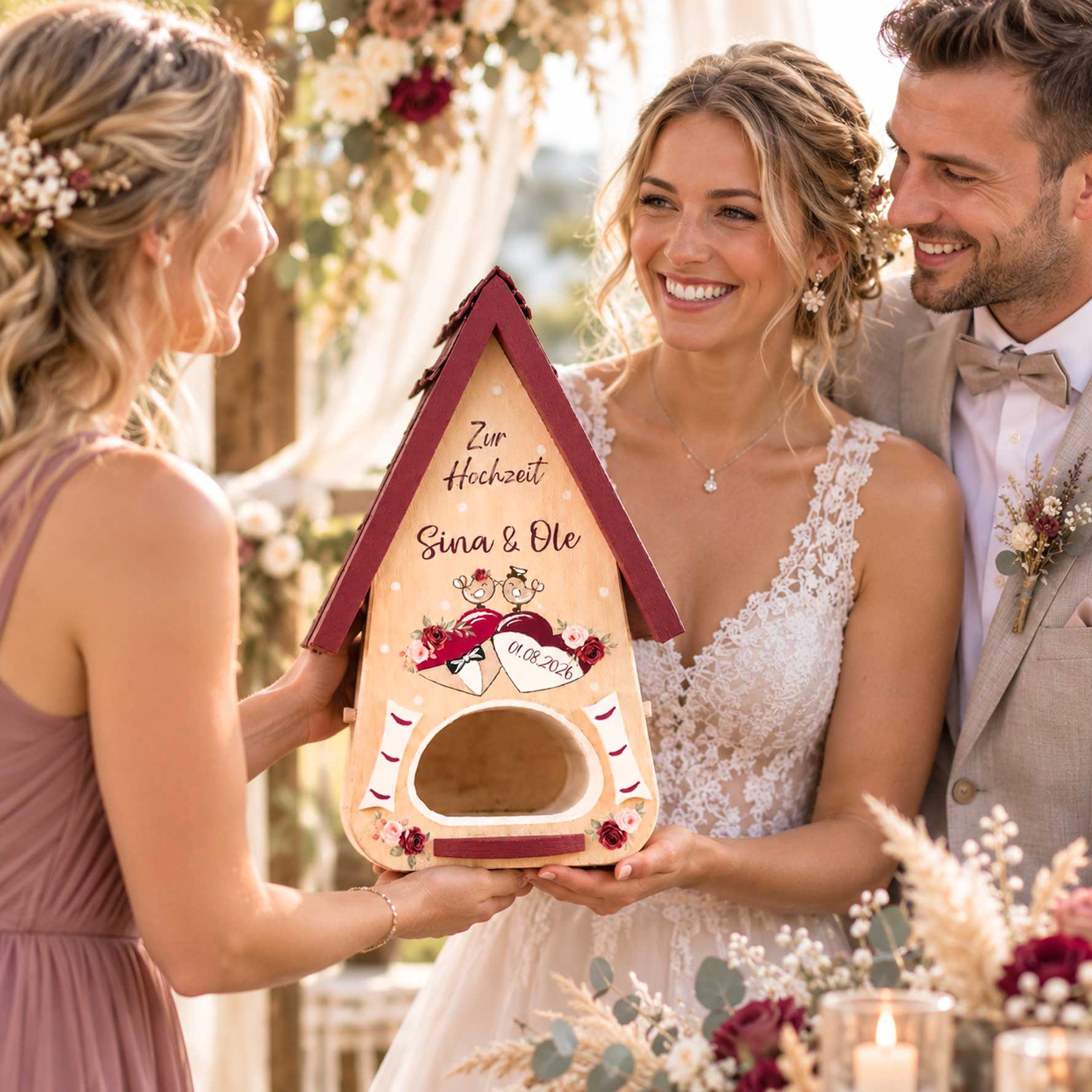 Persönliches Hochzeitsgeschenk Trauzeugin Personalisiertes Geschenk kreativ und persönlich Mocca Flieder Burgund Salbei