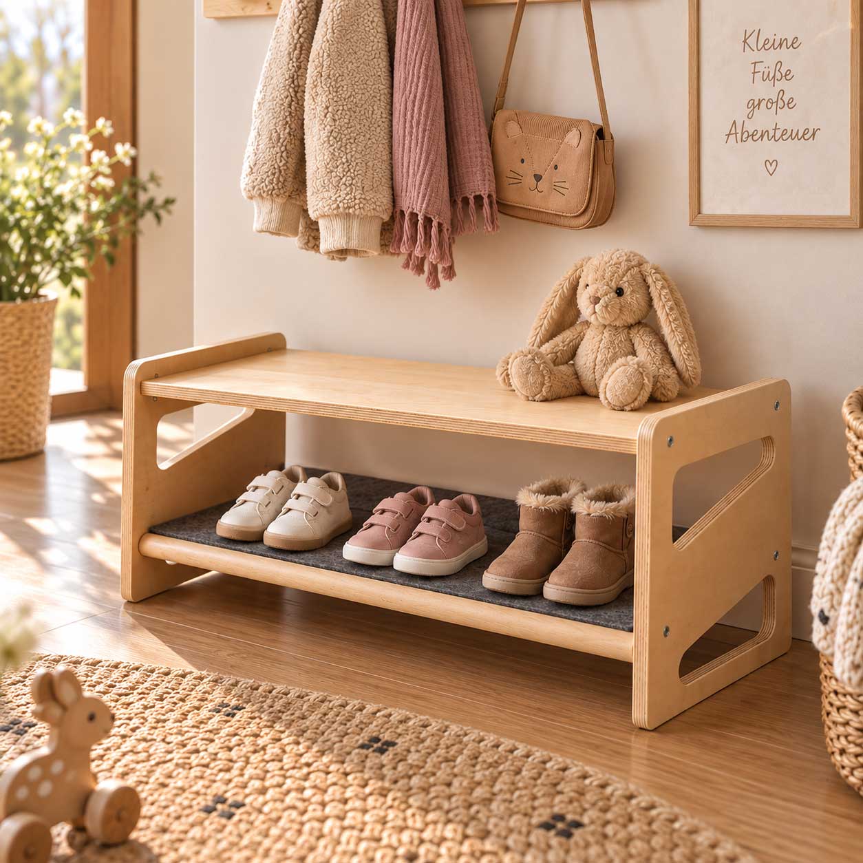 Schuhbank Montessori inspiriert für Kinder | Sitzbank mit Schuhablage & Filz | Kinderbank | Kinder Sitzbank