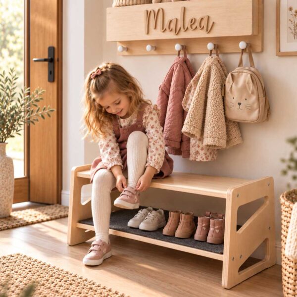 „Montessori Schuhbank für Kinder aus Holz mit personalisierter Namensgravur