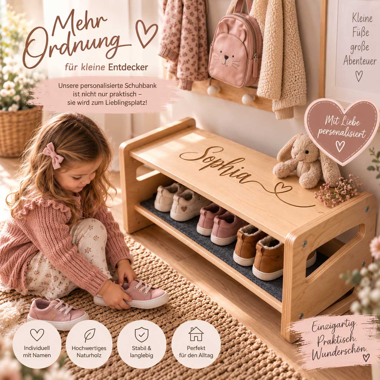 Schuhbank Montessori inspiriert für Kinder | Sitzbank mit Schuhablage & Filz | Kinderbank | Kinder Sitzbank